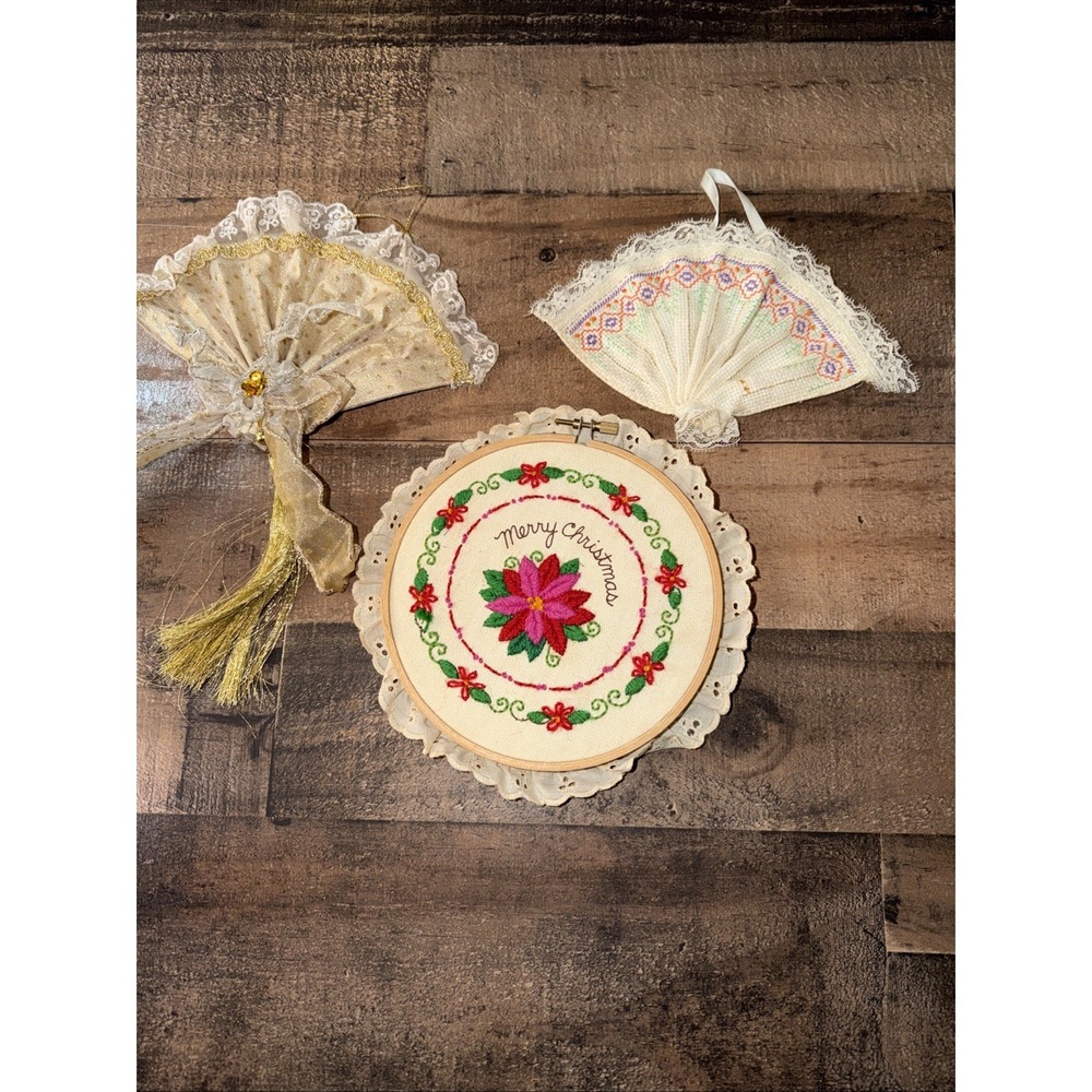Handmade‎ Christmas Poinsettia Embroidery Hoop 8" & Vintage Lace Fan Ornaments